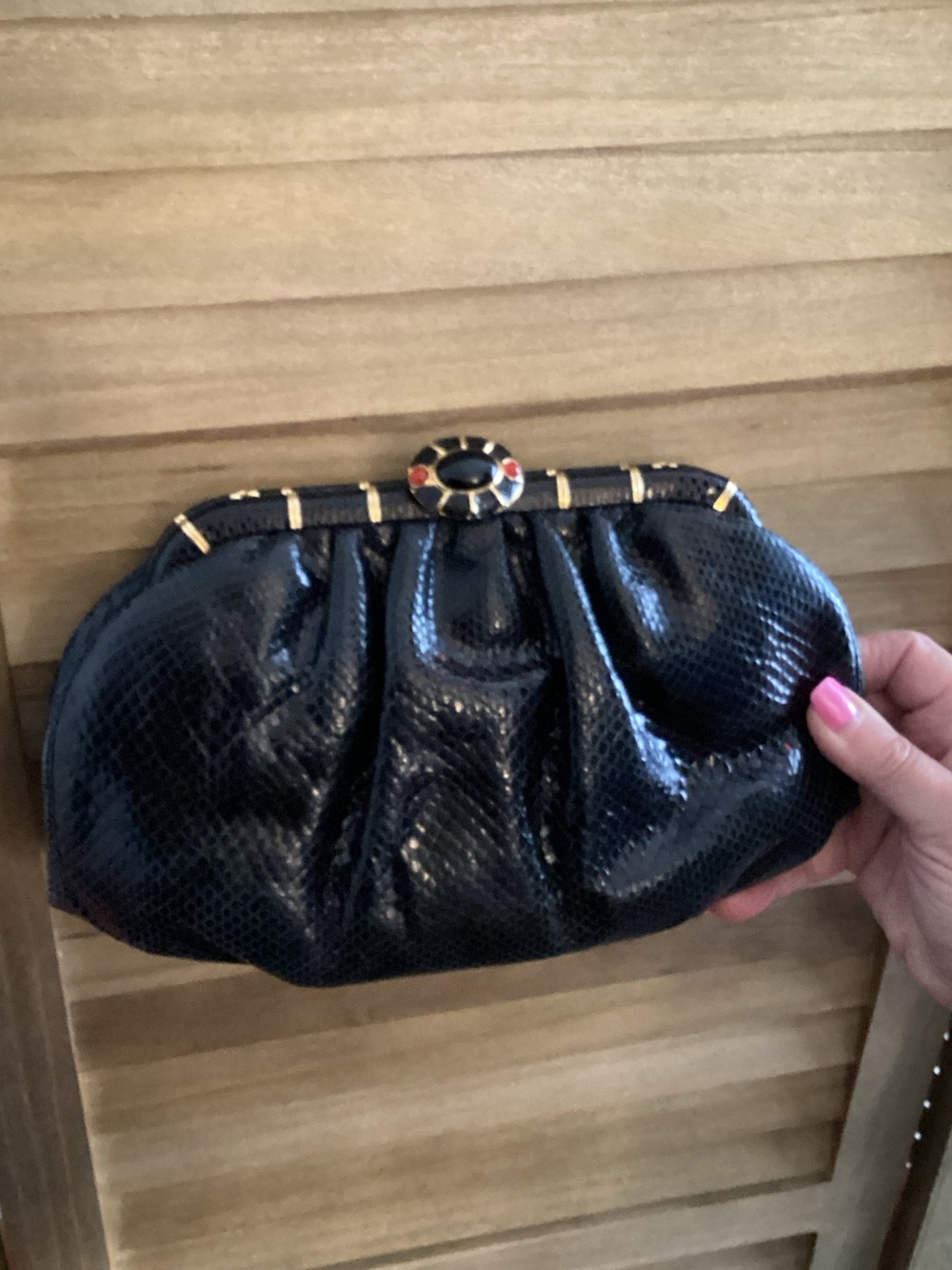 Judith Leiber Black Snake skin Clutch with Gold-Tone Frame and Enamel Clasp